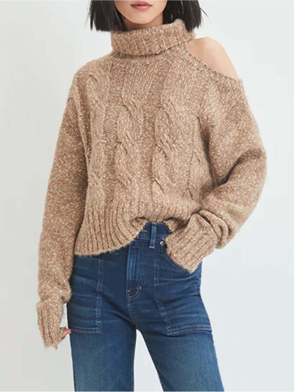 Veronica Beard Tan-Gold Cable Knit Cutout Turtleneck Sweater